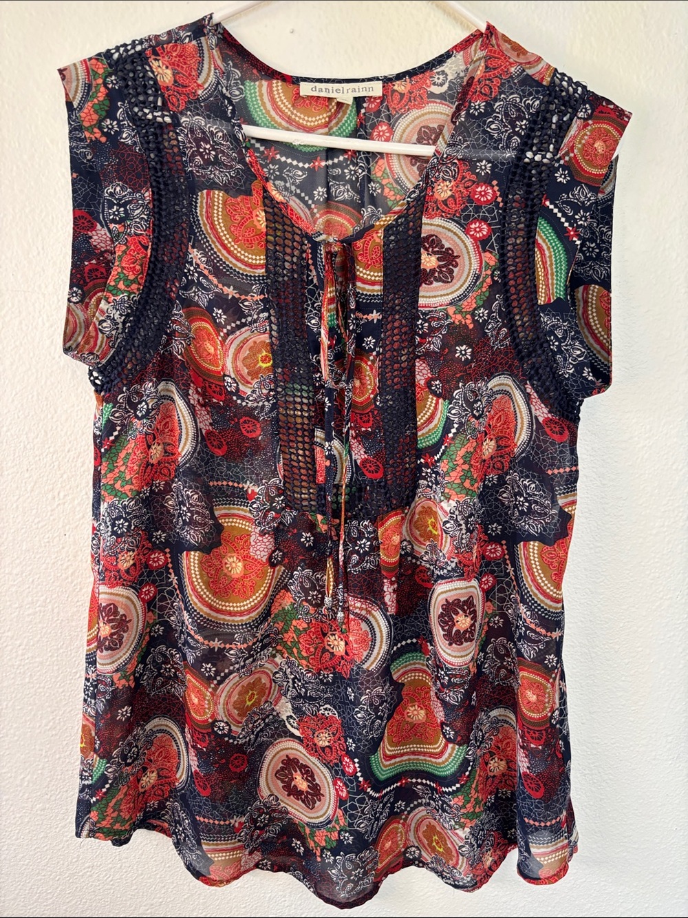 Daniel Rainn Navy Multicolor Paisley Lace-Trim Tie Blouse -712sku